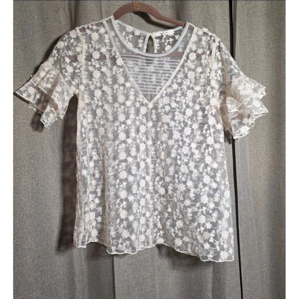 Womens M Sheer Embroidered Floral Top